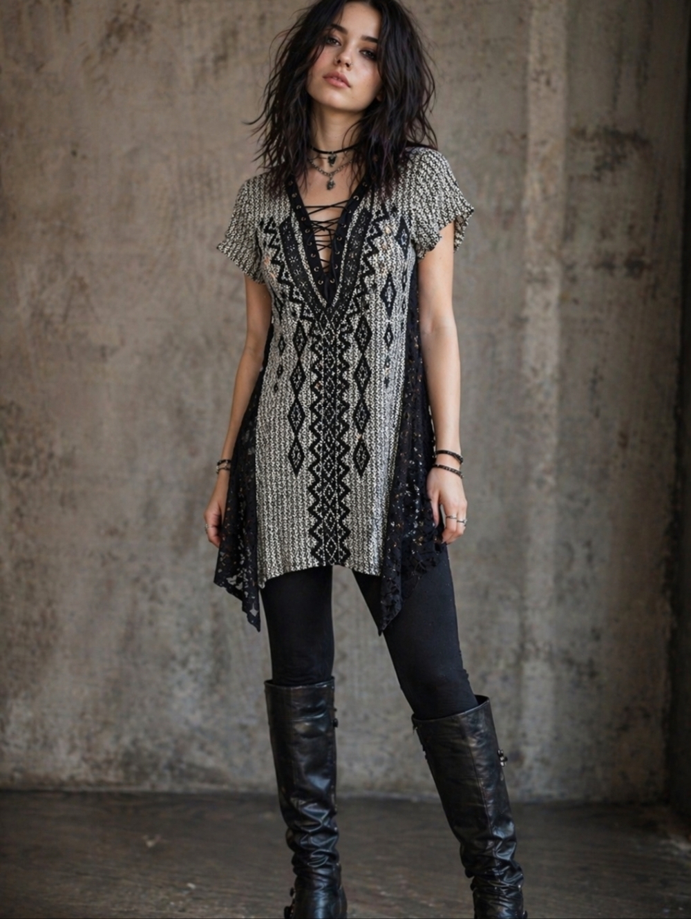 New Vocal Lace-Up V-Neck Tunic Top in Black and Cream Western Boho Casual NWT Sm